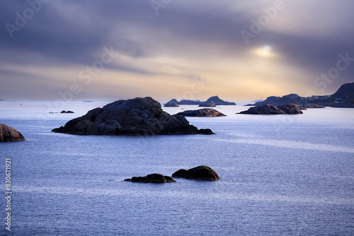 Midnight  sunlight at Vestfjorden, Lofoten islands, Norway photo