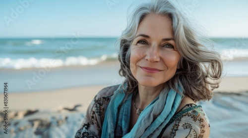 Confident mature woman enjoying a relaxing beach vacation. Caucasian woman with ageless beauty, smiling on a sandy beach. © UMPH.CREATIVE