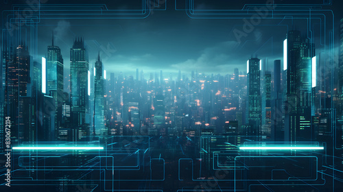 digital green and blue cyberpunk city graphics poster background © yonshan