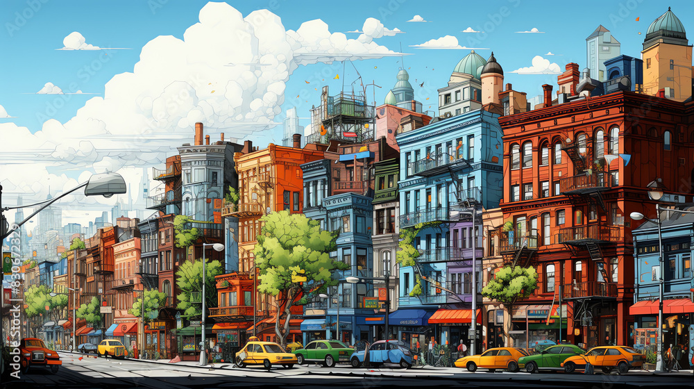 An illustration of a busy city street with a blue sky and white clouds. There are many cars on the street and people walking on the sidewalks. The buildings are tall and brightly colored.

