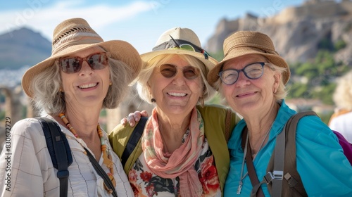 Happy senior women tourists enjoying their vacation in Greece.