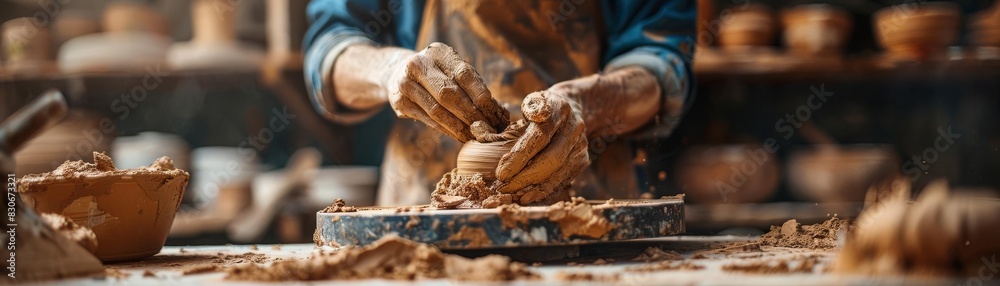 An artist sculpting clay, focus on, handson work theme, realistic, blend mode, workshop backdrop An artist sculpting clay, focus on, handson work theme, realistic, blend mode, workshop backdrop