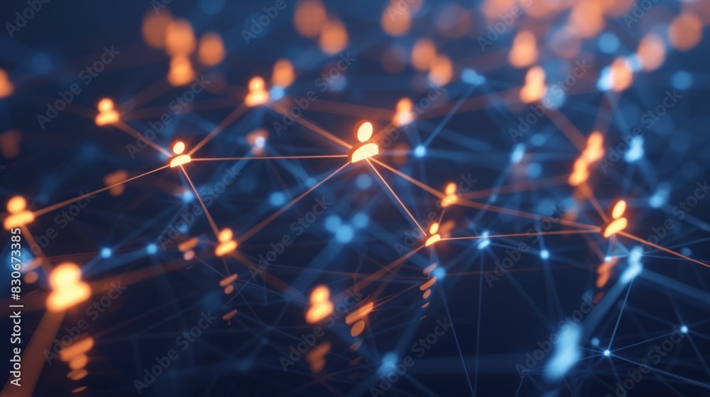 Abstract social network concept with glowing connections and people icons on dark blue background. Abstract social network concept with glowing connections and people icons on dark blue background.