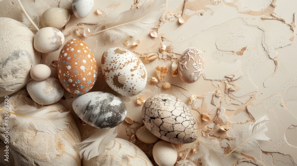 Easter card decorated with earth toned eggs and feathers on a neutral backdrop Easter card decorated with earth toned eggs and feathers on a neutral backdrop