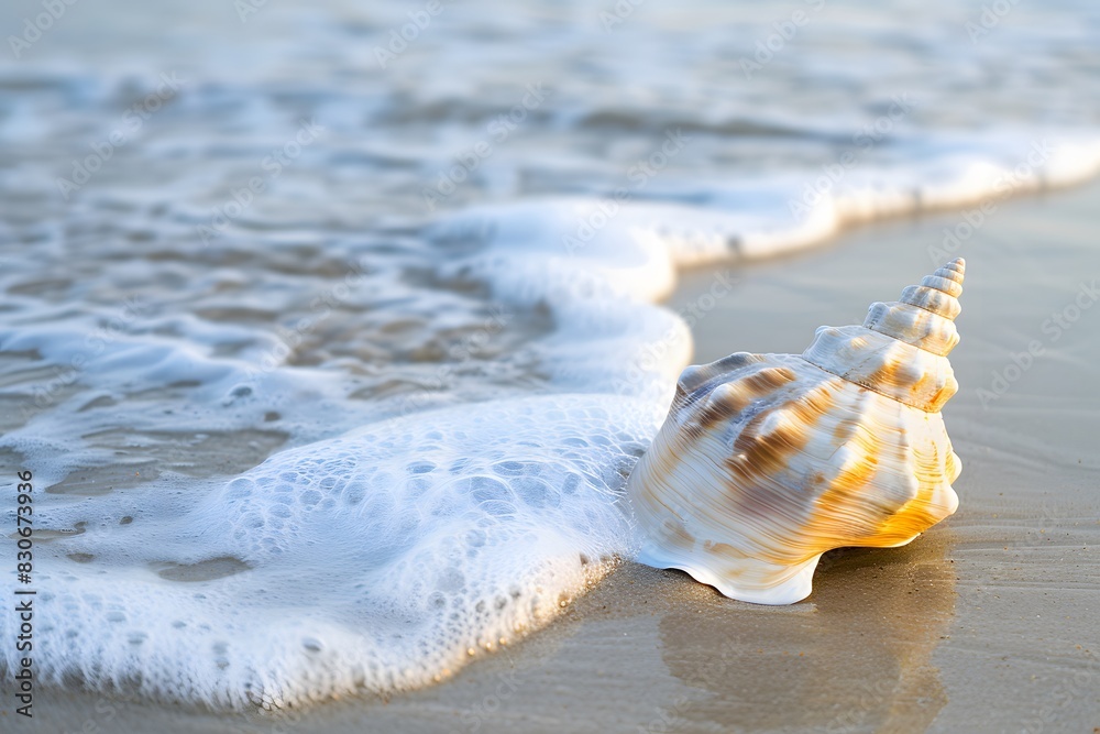Beautiful conch shell on beach with gentle waves Beautiful conch shell on beach with gentle waves