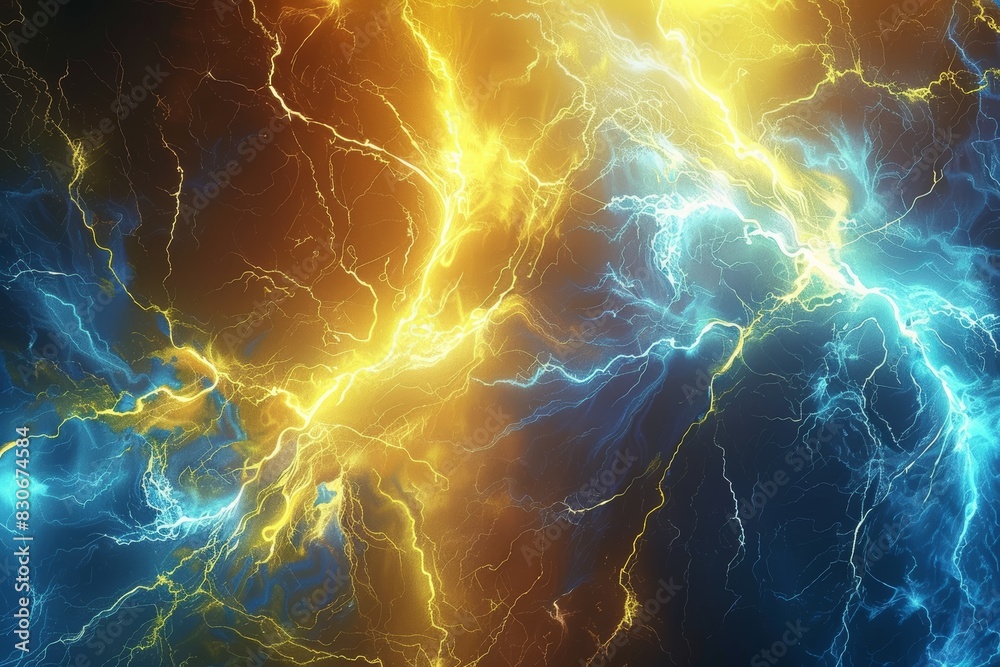 Abstract bolts of lightning in yellow and blue cross a warmly lit ...