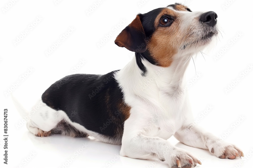Full body studio portrait of a beautiful Jack Russell terrier dog. The dog is lying down and looking up over a background of pastel shades, radiating charm and playfulness. Full body studio portrait of a beautiful Jack Russell terrier dog. The dog is lying down and looking up over a background of pastel shades, radiating charm and playfulness.