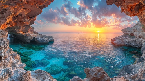 Breathtaking dusk scene of ocean grottos in Cyprus, featuring a tranquil Mediterranean vista. photo