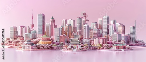 A charming 3D Seoul cityscape, showcasing iconic landmarks and vibes, stands centered against a solid violet backdrop