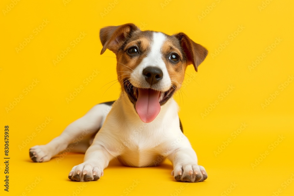 Full body studio portrait of a beautiful Jack Russell terrier dog. The dog is lying down and looking up over a background of pastel shades, radiating charm and playfulness. Full body studio portrait of a beautiful Jack Russell terrier dog. The dog is lying down and looking up over a background of pastel shades, radiating charm and playfulness.
