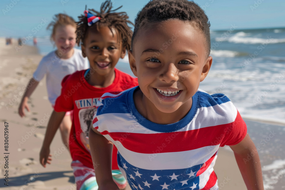 Three happy children running and playing on a beautiful beach on the 4th of July. They are smiling and enjoying a sunny day by the sea, dressed in colorful summer clothes with an American flag design.