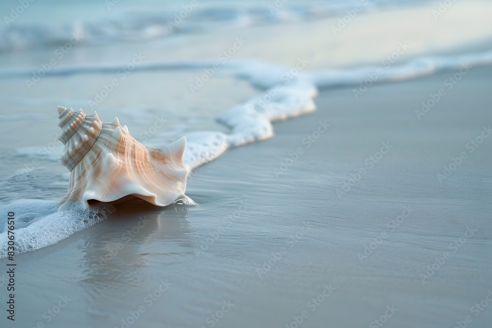 Tranquil Conch Shell on Beach with Gentle Waves Tranquil Conch Shell on Beach with Gentle Waves