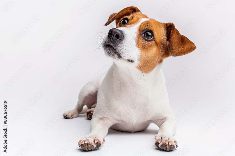 Full body studio portrait of a beautiful Jack Russell terrier dog. The dog is lying down and looking up over a background of pastel shades, radiating charm and playfulness.