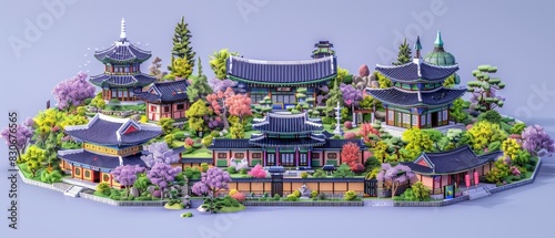 Cute isometric 3D render of Seoul, capturing the famous places and atmosphere of this city, centered on a violet solid color background