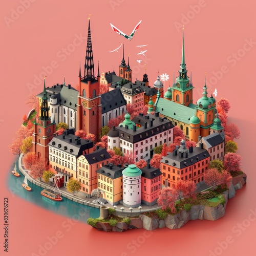 Cute isometric 3D render of Stockholm, capturing the famous places and atmosphere of this city, centered on a solid ruby background