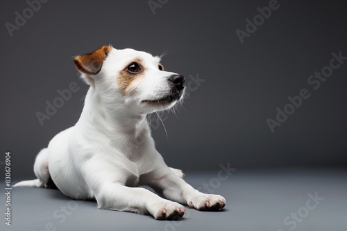 Full body studio portrait of a beautiful Jack Russell terrier dog. The dog is lying down and looking up over a background of pastel shades, radiating charm and playfulness. © Mark G