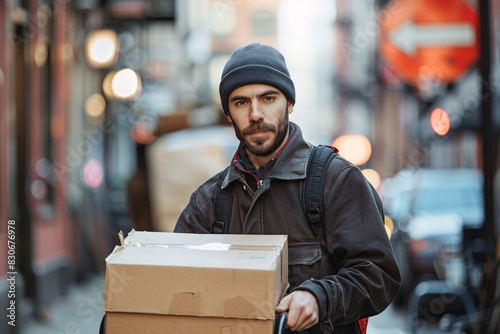 A youthful courier pushes a trolley with a parcel. © ckybe