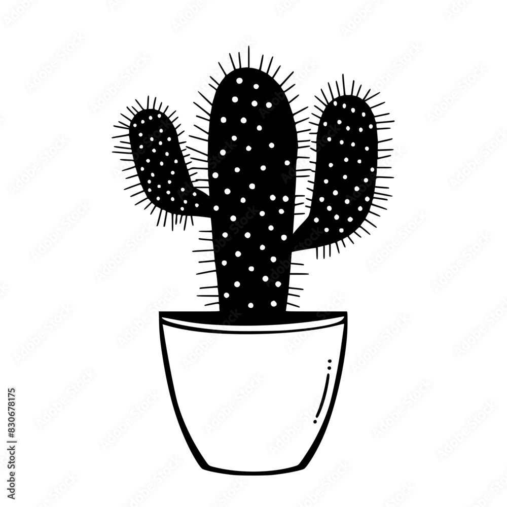 Silhouette of Potted Cactus Plant, Black and white silhouette of a cactus plant in a pot, highlighting the spines and unique shape of the cactus. Silhouette of Potted Cactus Plant, Black and white silhouette of a cactus plant in a pot, highlighting the spines and unique shape of the cactus.