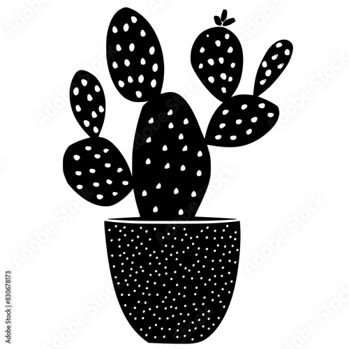 Silhouette of Potted Cactus Plant, Black and white silhouette of a cactus plant in a pot, highlighting the spines and unique shape of the cactus.