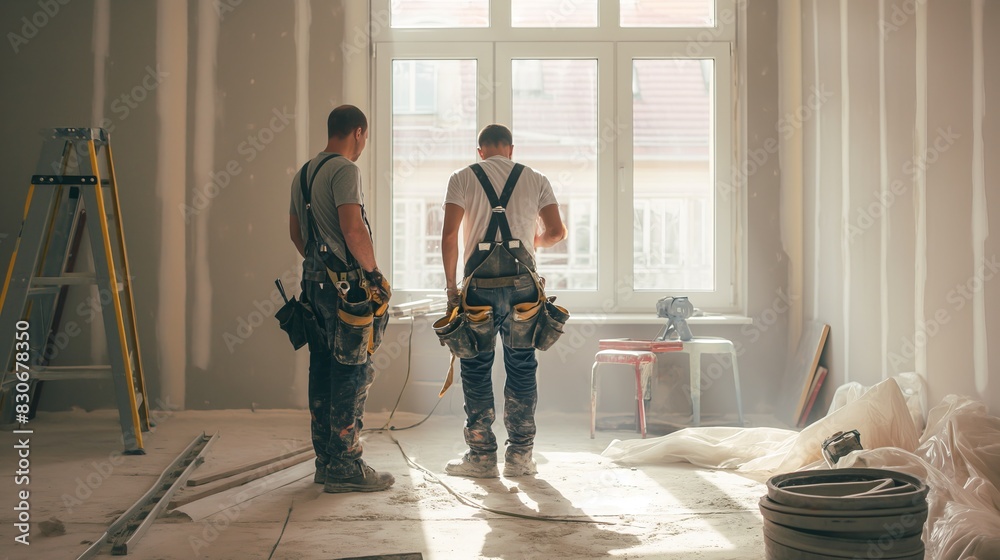 Fototapeta premium craftsmen working on a building site in a new house