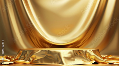 Golden luxurious fabric or cloth placed on top pedestal or blank podium shelf on gold background with luxury concept. Museum or gallery backdrops for product. 3D rendering.