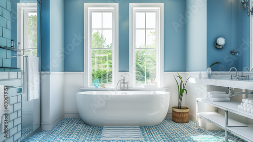 Blue and white bathroom  white tub side.
