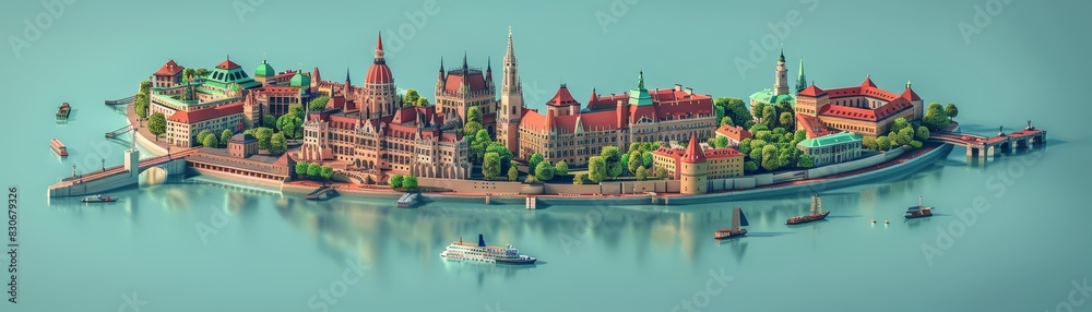 Fototapeta premium Vienna's famous places and atmosphere are beautifully depicted in a cute isometric 3D render on a salmon background