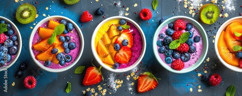 Various smoothie bowls with vibrant fruits and colorful toppings arranged .