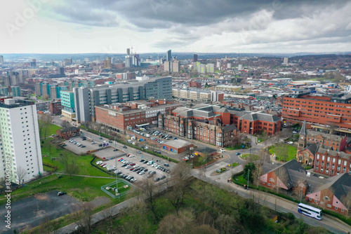 Aerial photo take in the town of Harehills in Leeds just outside the city centre, showing the St James's University Hospital known as Jimmy's with traffic and ambulances parked up at A and E entrance