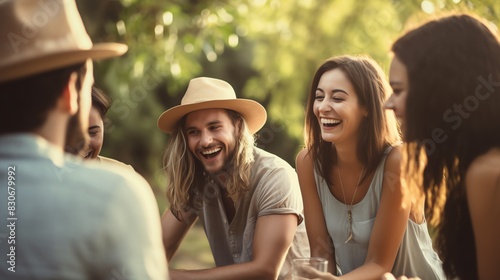 A group of friends laughing and enjoying outdoor gathering in a lush green setting on a sunny day. photo