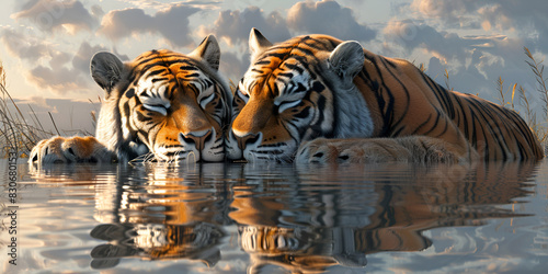 Serene Sunset with Sleeping Tigers - Captivating Oil Painting,Peaceful Tigers in Sunset Glow - Beautiful Oil Canvas