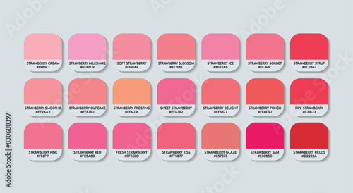 Strawberry Pink Color Guide Palette with Color Names. Catalog Samples are Strawberry Pink with RGB HEX codes and Names. Strawberry Pink Colors Palette Vector, Wood and Plastic Pink Color Palette,