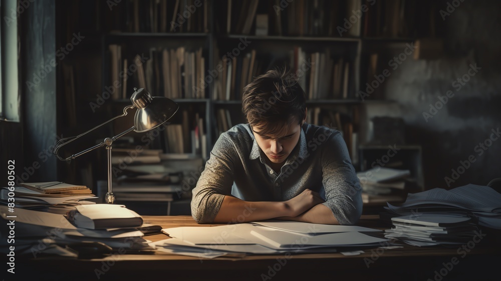 Focused young man studying late at night in dimly lit room filled with books and papers, deep in concentration. Focused young man studying late at night in dimly lit room filled with books and papers, deep in concentration.