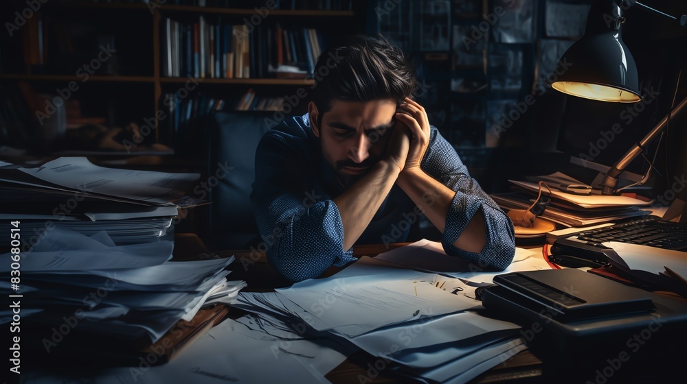 Man stressed and overwhelmed at his desk covered in paperwork, late night work in a dimly lit study. Concept of stress and workload. Man stressed and overwhelmed at his desk covered in paperwork, late night work in a dimly lit study. Concept of stress and workload.