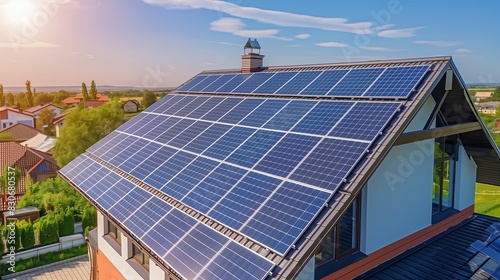 Renewable energy with solar panels on the roof for green energy production