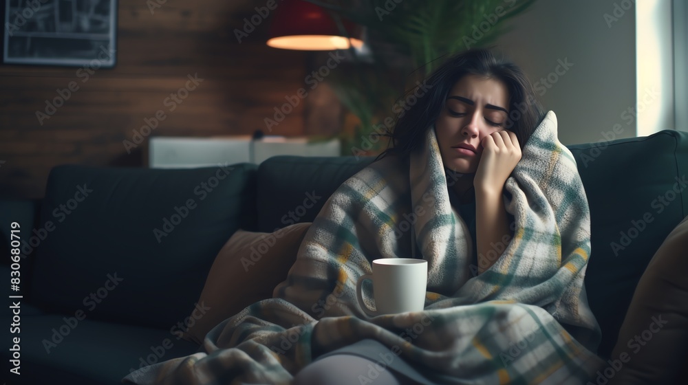 A woman sitting on a couch wrapped in a blanket, holding a cup, looking tired and cozy in a dimly lit room with a warm ambiance. A woman sitting on a couch wrapped in a blanket, holding a cup, looking tired and cozy in a dimly lit room with a warm ambiance.