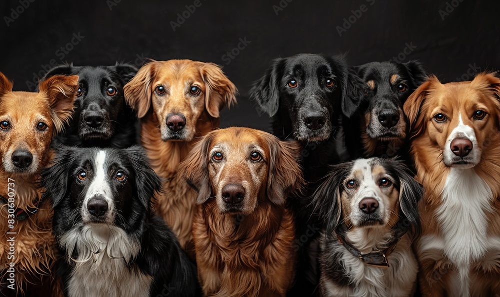Group portrait of dogs of various shapes, sizes, and breeds. Stray pets with happy expression waiting for adoption. Group portrait of dogs of various shapes, sizes, and breeds. Stray pets with happy expression waiting for adoption.