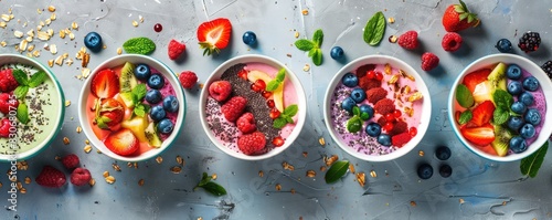Various smoothie bowls with vibrant fruits and colorful toppings arranged . photo