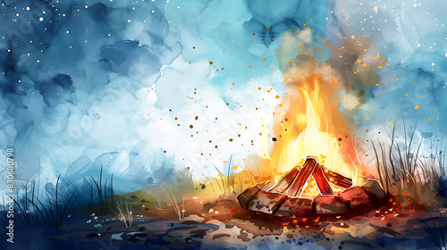 campfire watercolor illustration, generative AI