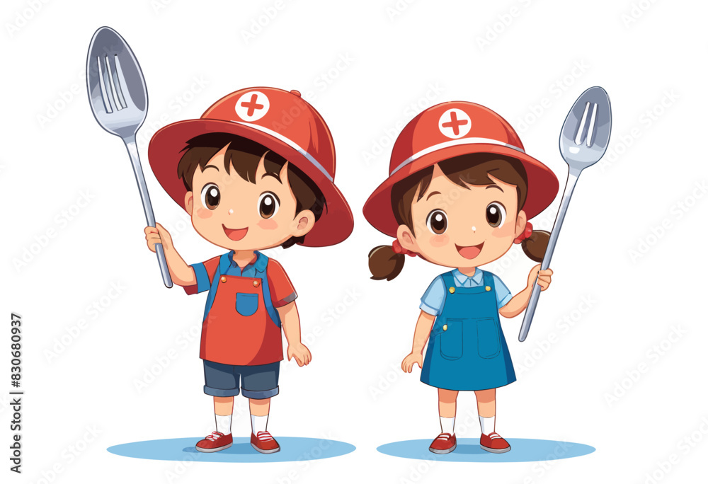 a boy and a girl are holding spoons and forks a boy and a girl are holding spoons and forks
