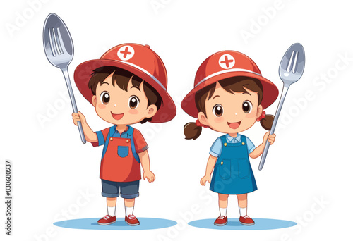 a boy and a girl are holding spoons and forks