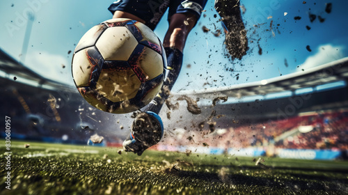A football is played at speed by the player in the stadium