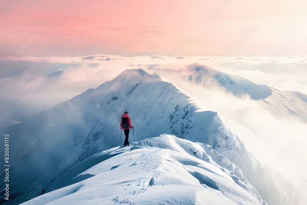 Hiker Walking on Snowy Mountain Under Pink Sky
