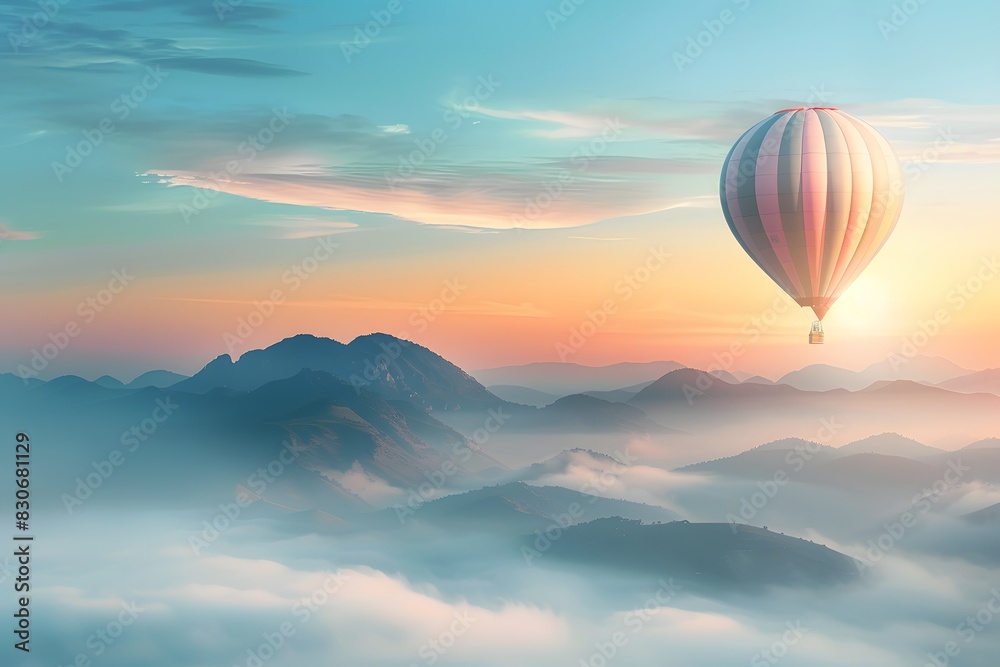 Obraz premium Hot Air Balloon Over Misty Mountains at Sunrise