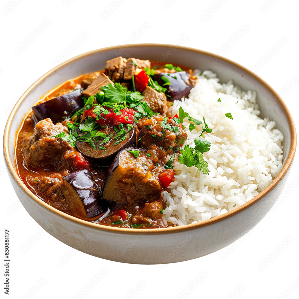Front view of Khoresh-e Bademjan with Iranian eggplant stew, food photography style, isolated on a white transparent background Front view of Khoresh-e Bademjan with Iranian eggplant stew, food photography style, isolated on a white transparent background