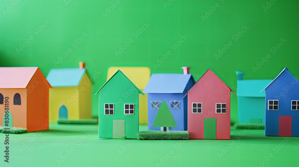 Colorful Paper Houses on Green Background Colorful Paper Houses on Green Background