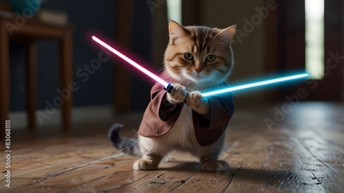 A beautiful cat watching over its realm below from the top of a mountain peak, dressed in a grand Jedi robe and brandishing a sparkling light saber. photo