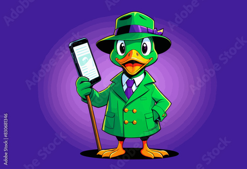 a cartoon duck dressed in a green suit and hat holding a cell phone