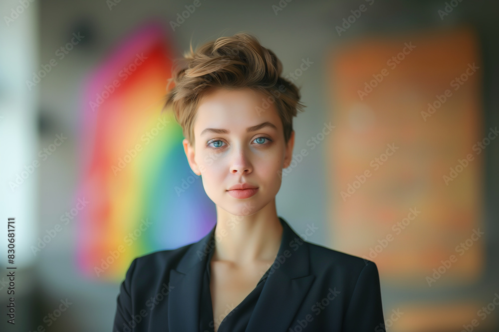 Obraz premium Short-haired LGBTQ businesswoma, strong leadership qualities, wearing a business suit, leading a meeting to support LGBTQ in the organization for Pride Month
