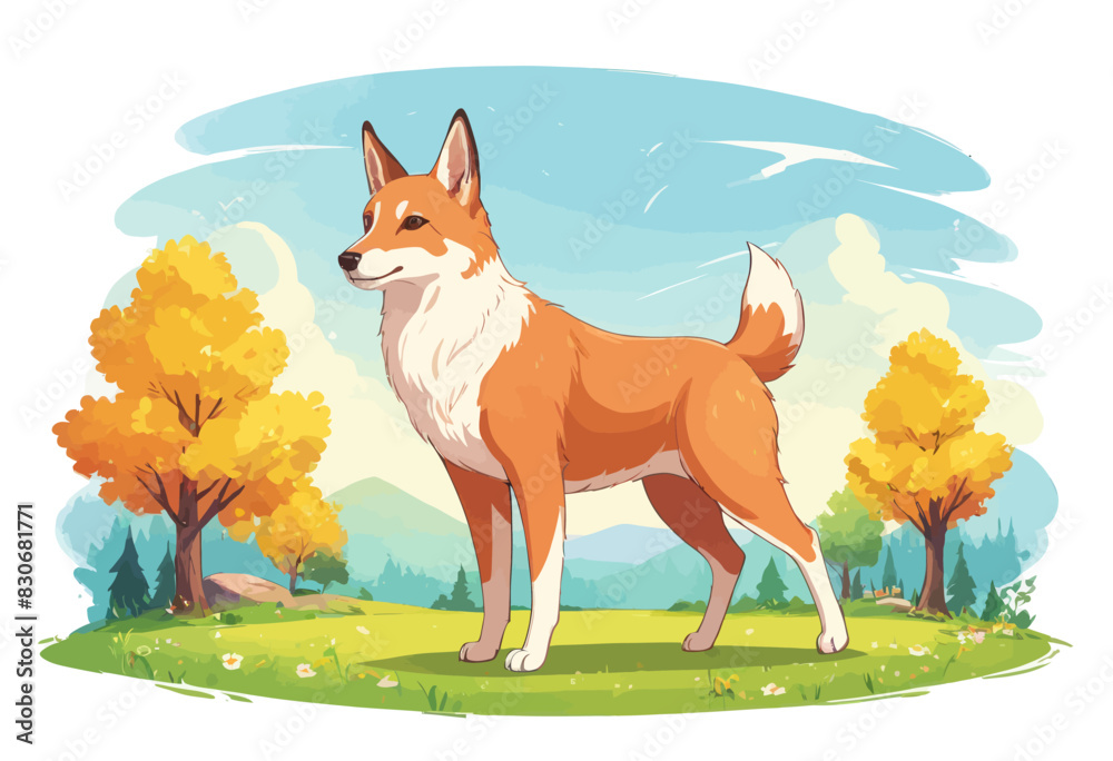 a brown and white dog standing in the grass a brown and white dog standing in the grass